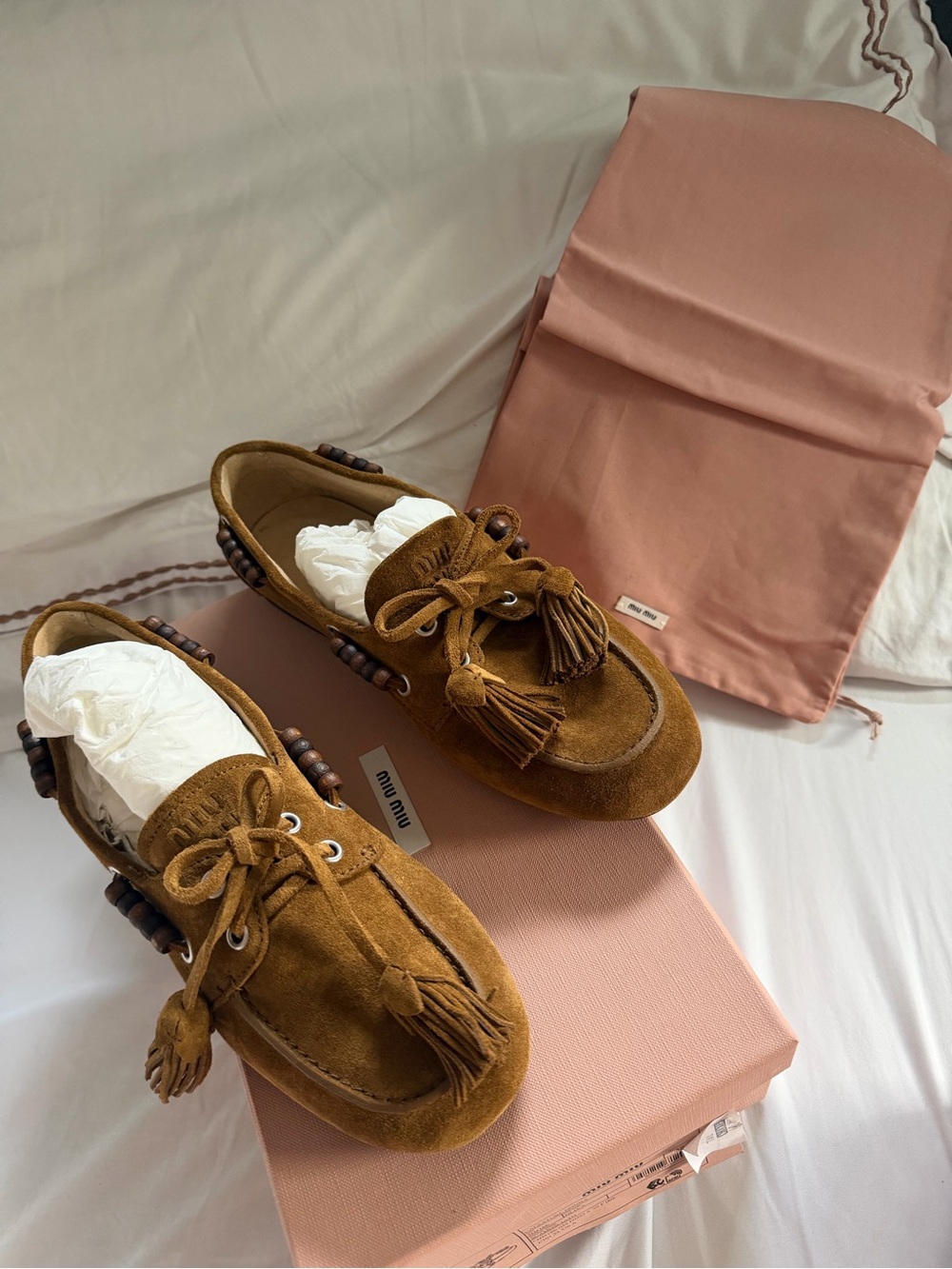 Miu Miu Suede Tassel Moccasin in Tan with Wooden Bead Detail